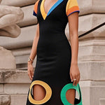 A-Line High Waisted Colorful Contrast Color Hollow V-Neck Maxi Dresses