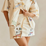 Kea Linen Blend Unique Print Short Sleeve Shirt and High Rise Wrap Panel Miniskirt Set