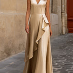 Elegant Satin V-Neck Maxi Dress With Asymmetric Ruffle
