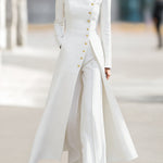 High Waisted Long Sleeves Buttoned Solid Color Split-Front Round-Neck Midi Dresses
