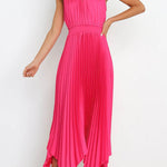 Luxe Look Satin Pleated Halter Elastic Waist Midi Dress