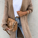 Solid Color V-neck Knitted Long-sleeved Oversized Midi Cardigan