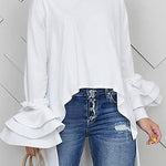 Flared Sleeves High-Low Solid Color Split-Joint Tiered Round-Neck T-Shirts Tops