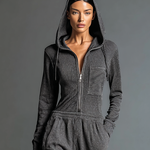 Women's Fashion Ribbed Zipper Hooded Jumpsuit