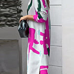 Loose Wrap Buttoned Contrast Color Pockets Printed Split-Side Shirt Dress