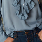 Dusty Blue Ruffle Front V-Neck Button Chiffon Blouse