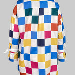 Long Sleeves Loose Buttoned Contrast Color Plaid Tied Stand Collar Blouses&Shirts Tops