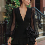 V-Neck Ruffled Dress With Sheer Sleeves