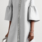 Flared Sleeves Half Sleeves Shiny Solid Color Round-Neck Midi Dresses