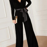Love One Another Velvet Bow Belted Pocket Cutout Back Loose Jumpsuit