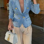 Casual Gold Tone Button Double Breasted Lapel Collar Tailored Denim Blazer