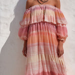 Boho Sunrise Ombre Off-Shoulder Flowing Chiffon Maxi Dress