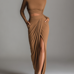 Women's Fashion Camel Stretch Knit Turtleneck Long-Sleeve Set With Skirt