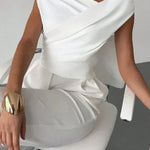 Short Sleeves Skinny Asymmetric Pleated Solid Color Split-Joint Asymmetric Neckline T-Shirts Tops