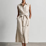 Women's Elegant, Natural-colored Cotton And Linen Blend Sleeveless Shirt-collar Midi Dress