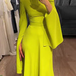 Ruffle Sleeves Skinny Belted Solid Color Round-Neck Maxi Dresses