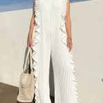 Loose Sleeveless Pleated Ruffled Solid Color Split-Joint Round-Neck Jumpsuits