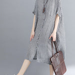Artistic Retro Loose Split-Joint Plaid Buttoned Stand Collar Half Sleeves Midi Dress