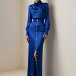 Split-Joint Heaps Collar Long Sleeves Pleated Blouses&Shirts Tops + Elasticated Waist Asymmetric Buttoned  Contrast Color Split-Side Zipper Skirts Bottoms Two Pieces Set