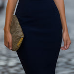 Elegant Navy Blue Flutter-Sleeve Sheath Dress With Tailored Waist