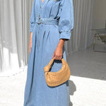 Waist casual button-down denim maxi dress