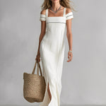 Women's White Textured Dress With Cold-Shoulder Design & Contrast Trim, Timeless Sleek-Chic Style  Dress