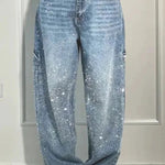 Fashionable Rhinestone Mid-rise Loose Pocket Straight Jeans