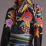 Flared Sleeves Long Sleeves Buttoned Contrast Color Flower Print Lapel Blouses&Shirts Tops
