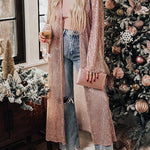 Rose Tan Open Front Long Sequin Bell Sleeves Cardigan