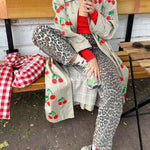 Fashion Fruit Print Long Coat Cherry Trench Coat