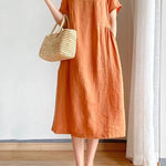 Casual Loose Solid Color Round-Neck Midi Dresses