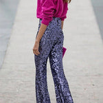 Elastic Waist Bell Bottoms Stretchy Sequin Pants