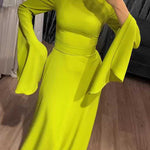 Ruffle Sleeves Skinny Belted Solid Color Round-Neck Maxi Dresses