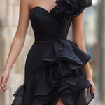 Black One-Shoulder Ruffled Evening Gown With Front Slit