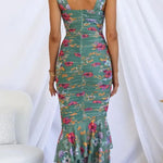 Styled To Perfection Floral Ruched Mesh Overlay Ruffle Hem Maxi Dress