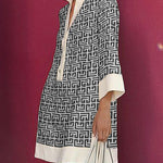 Long Sleeves Three-Quarter Sleeves Buttoned Printed Lapel Mini Dresses Shirt Dress