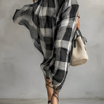 Women's Linen Blend Plaid V-neck Cap Sleeve Belt Maxi Dress