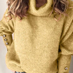 High-neck button-decorated loose knit sweater