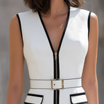 Contrast-Trim Zip-Front Belted Sleeveless Midi Dress