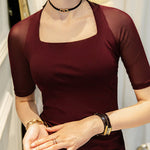 Simple Solid Color Square-Neck Half Sleeves Shirt