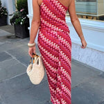 Ansela Knit Wave Unique Print One Shoulder Top and Stretch Maxi Skirt Set