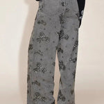 Jhenie Denim Beaded Sequin Floral Pattern Mid Rise Pocket Wide Leg Jeans