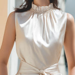 Sleeveless Smocked High-Neck Tie-Waist Blouse
