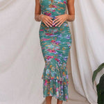 Margovil Mesh Overlay Ruched Floral Bodycon Midi Cami Dress