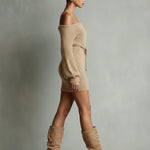 Women's Camel Elegant Fuzzy Knit Off - The - Shoulder Belted Mini Dress