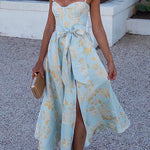 Margovil Ruffled Shoulder Bow Knot Waist Slit Printed Vintage Party Dress