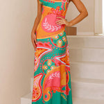 Asymmetric Shoulder Unique Print Swing Maxi Dress