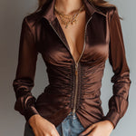 Luxe Mocha Satin Ruched Zip-Up Blouse