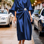 Loose Three-Quarter Sleeves Asymmetric Pleated Split-Joint Round-Neck Maxi Dresses