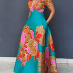 A-Line Loose Floral Printed Split-Joint Deep V-Neck Evening Dresses Maxi Dresses